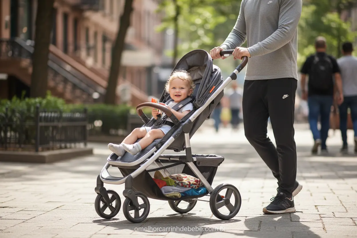 Carrinho de bebê com rodas grandes e cesto, sendo empurrado em calçada