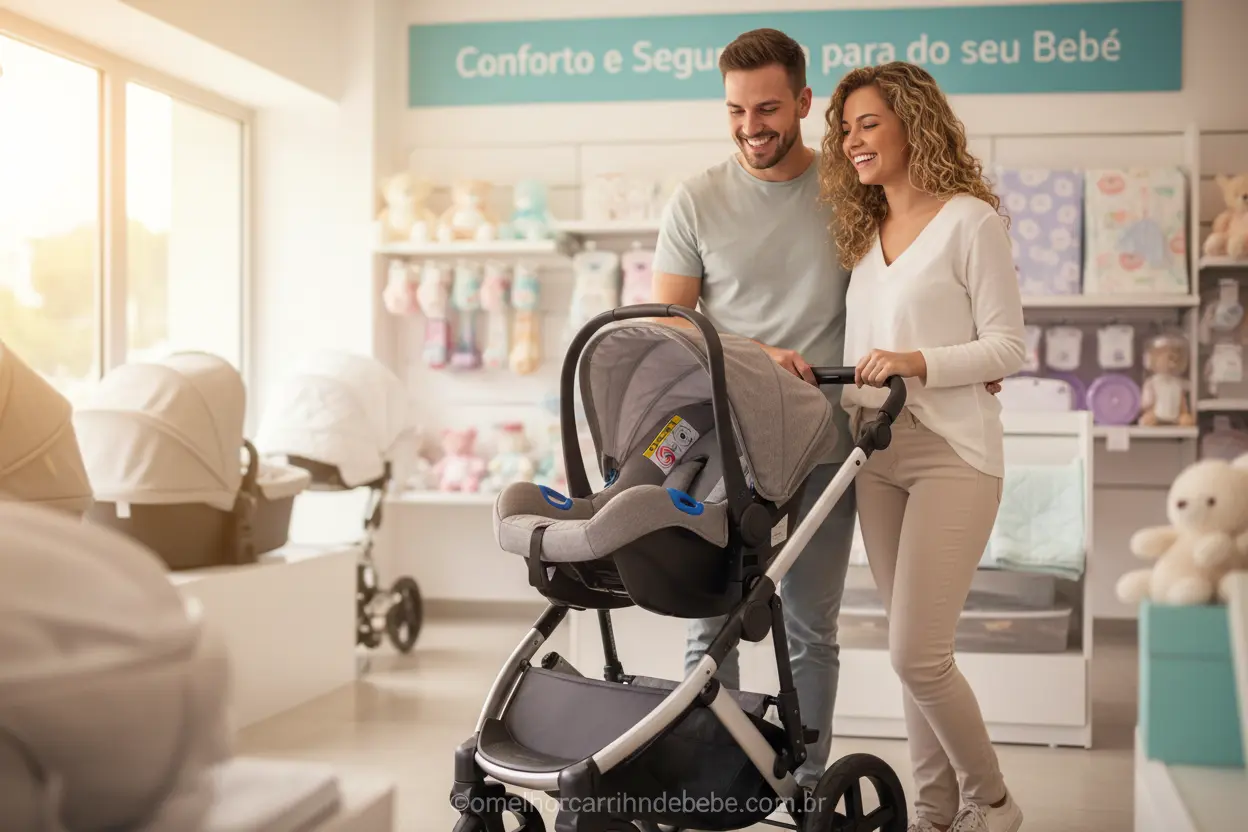 Casal feliz escolhendo carrinho de bebê com bebê conforto em loja