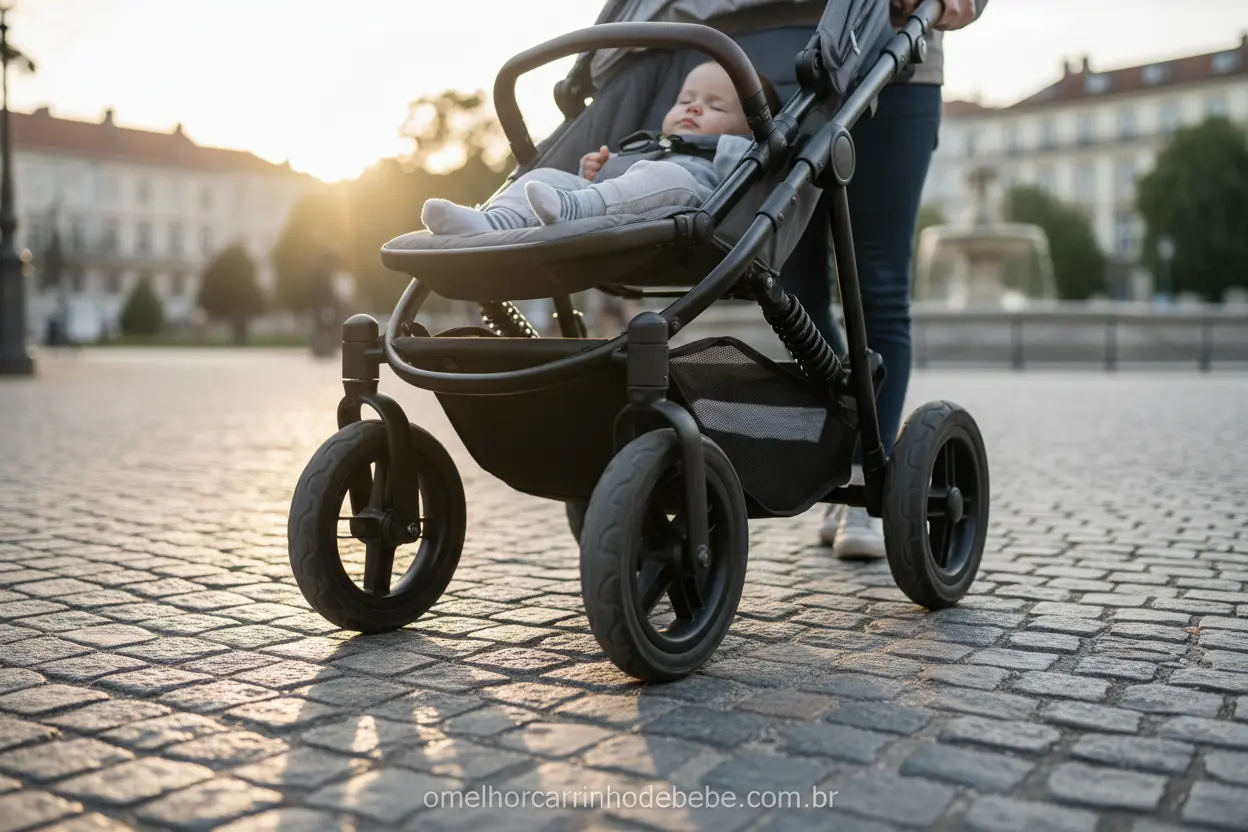 Carrinho de bebê com amortecedor em terreno irregular