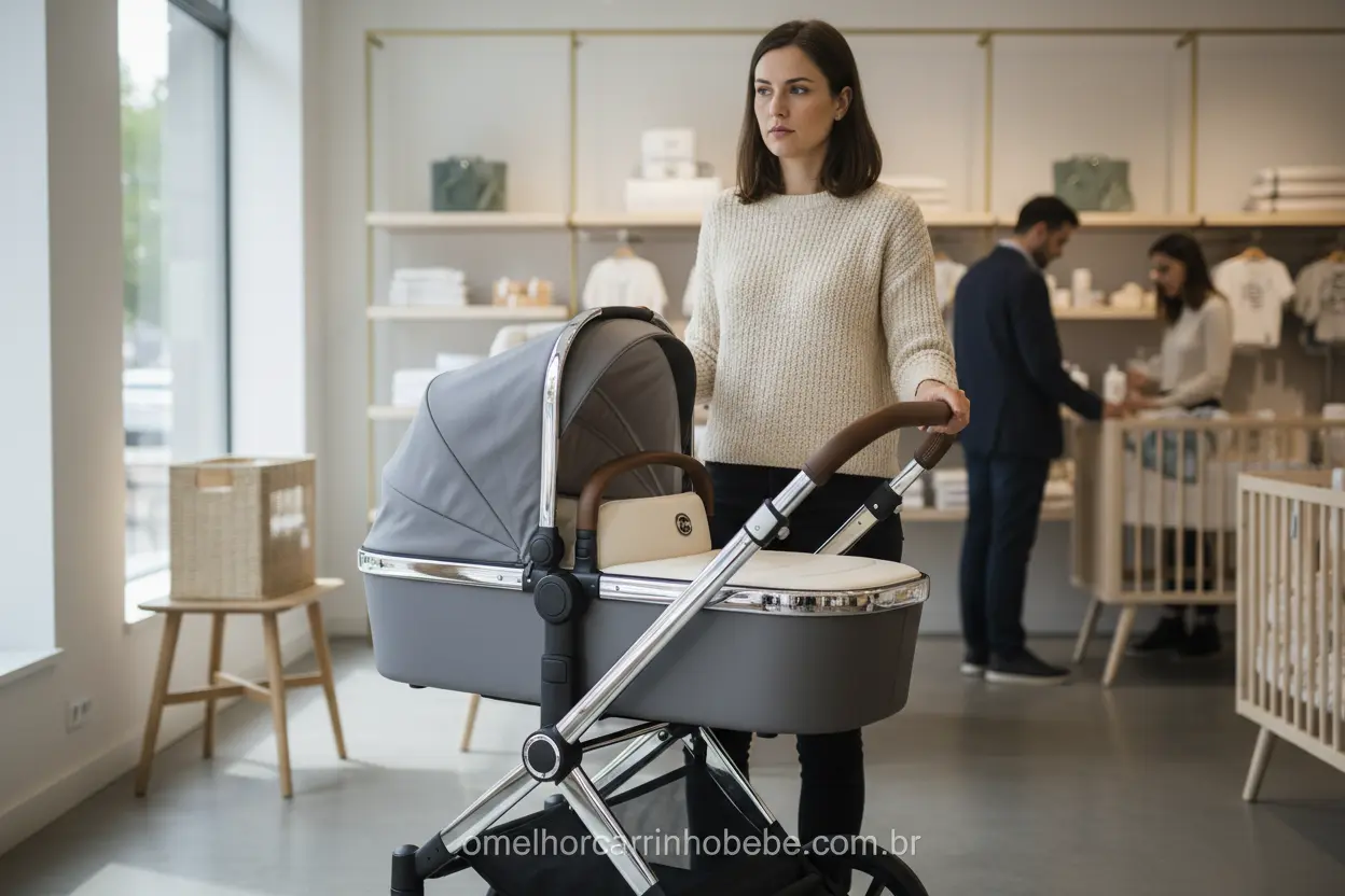 Mãe ou pai avaliando se um carrinho de bebê caro vale a pena.