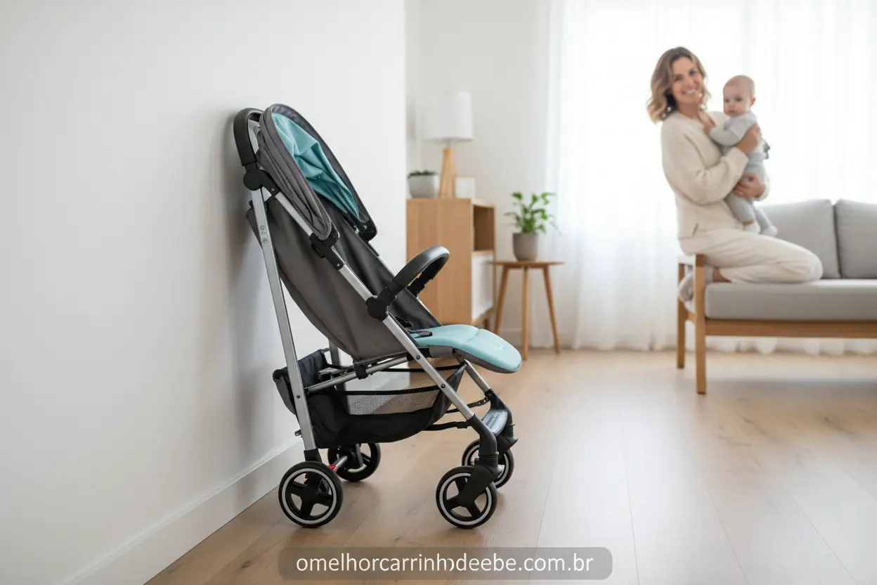 Carrinho de bebê compacto e dobrado, solução para pouco espaço.