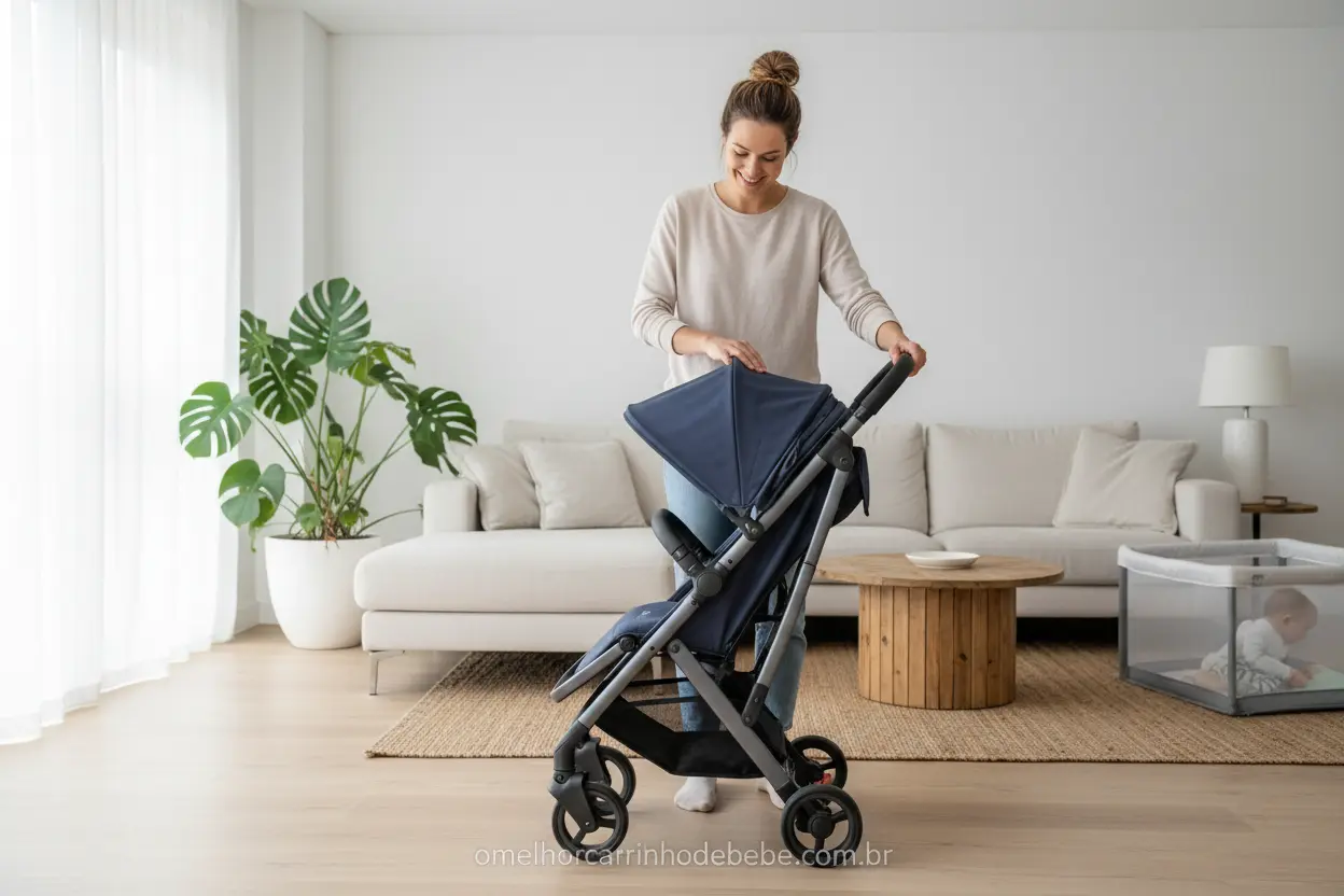 Carrinho de Bebê Dobrável para Espaços Reduzidos Mãe dobrando carrinho de bebê compacto em sala, ideal para espaços pequenos.