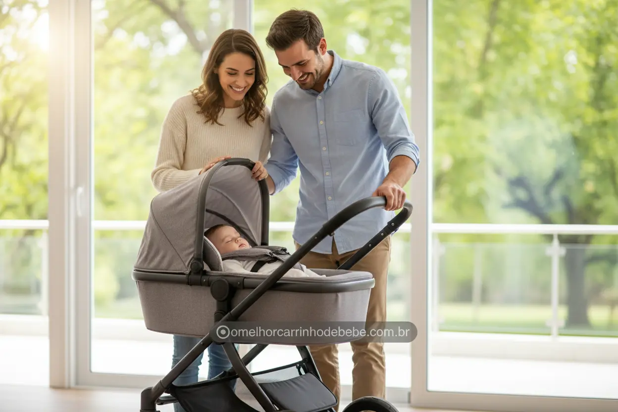 Pais felizes com seu carrinho de bebê moderno e seguro.