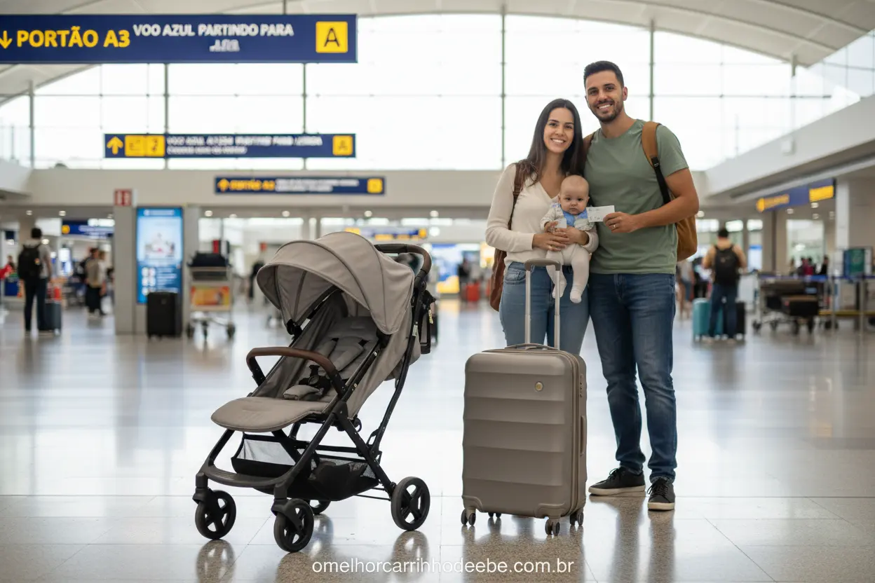 Família com carrinho de bebê para viagem de avião no aeroporto