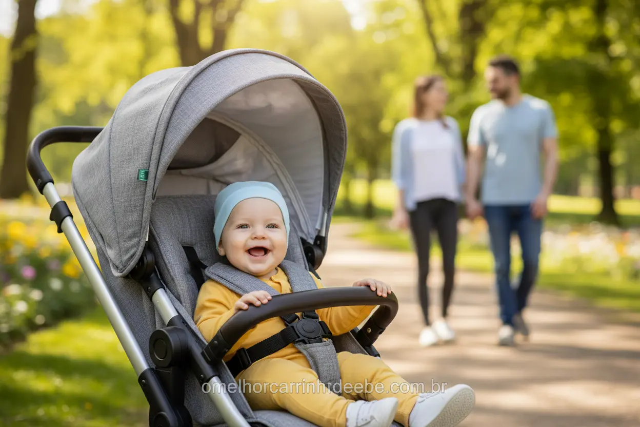 Bebê em carrinho de bebê aprovado pelo Inmetro