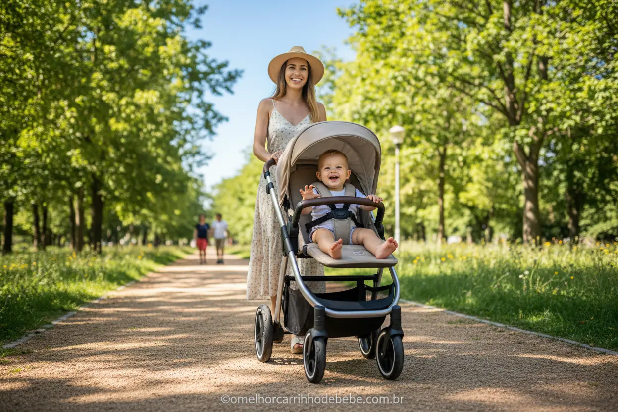 Mãe empurrando um carrinho de passeio leve em um parque.