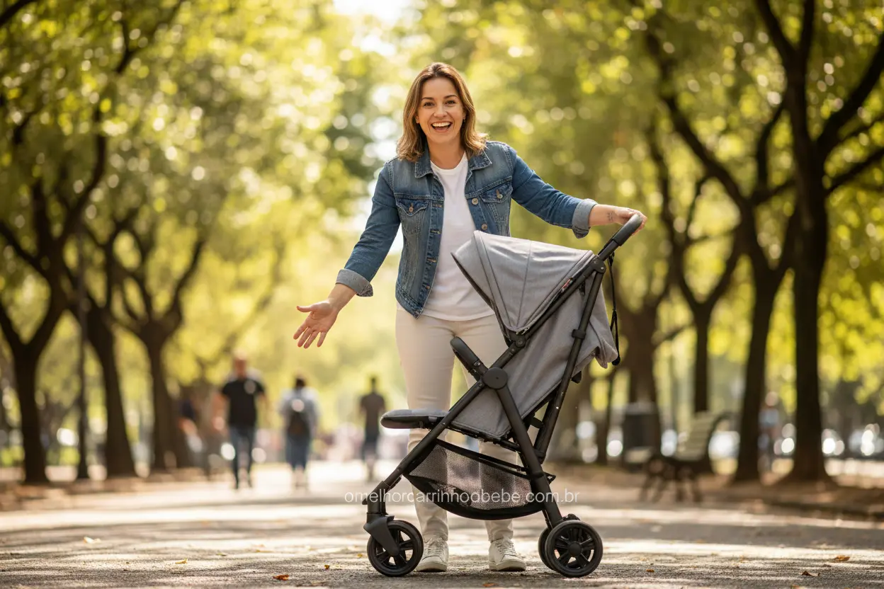 Pai dobrando um carrinho de bebê compacto em um parque, mostrando a praticidade