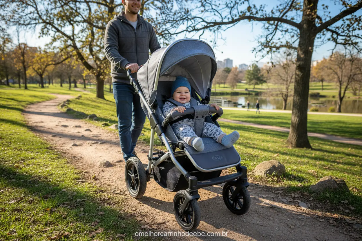 Bebê em carrinho grande, robusto e confortável