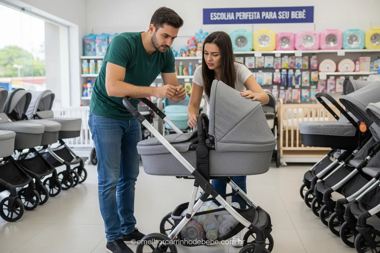 Pais escolhendo o carrinho de bebê