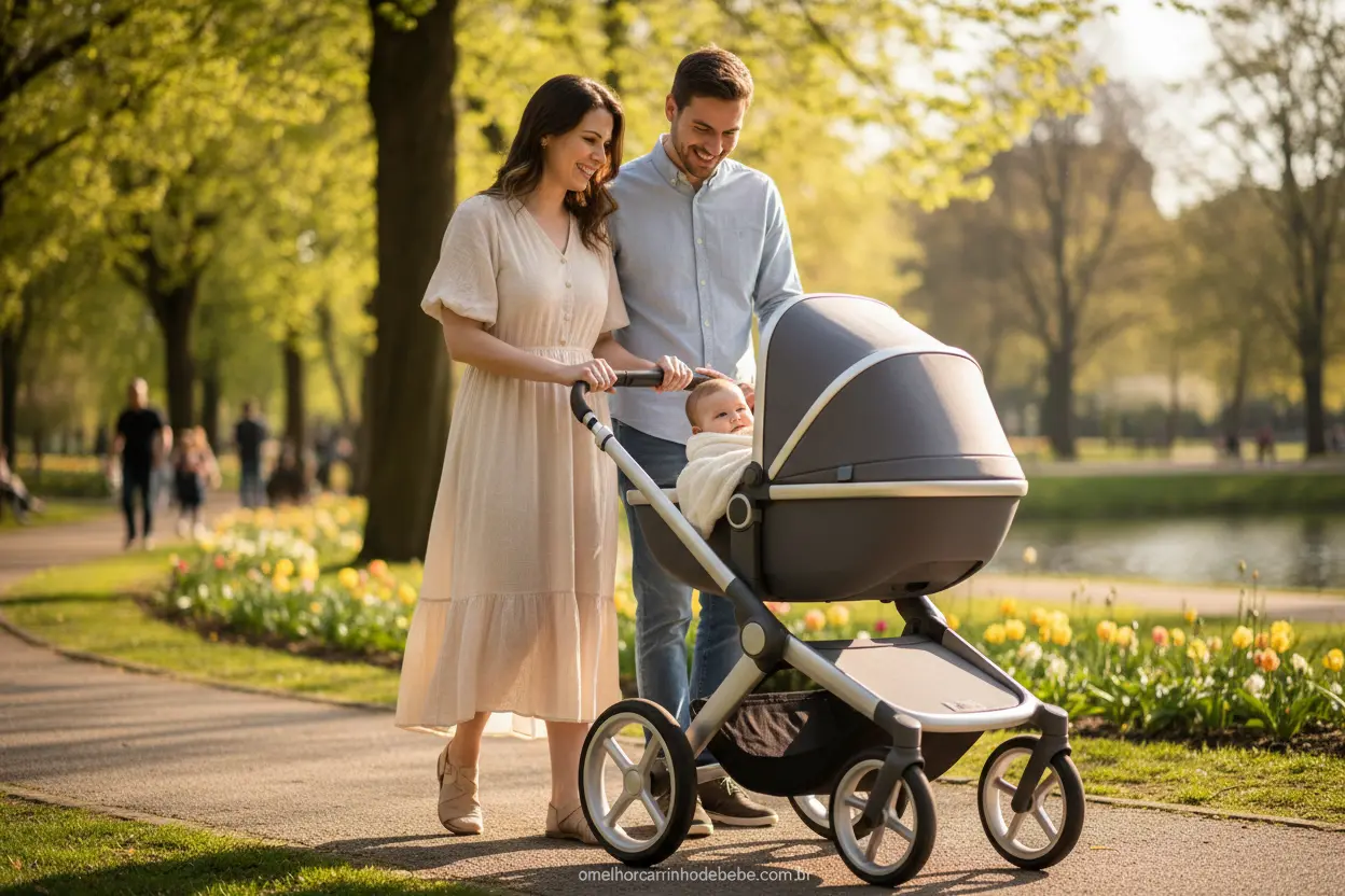Família passeando com carrinho de bebê moderno