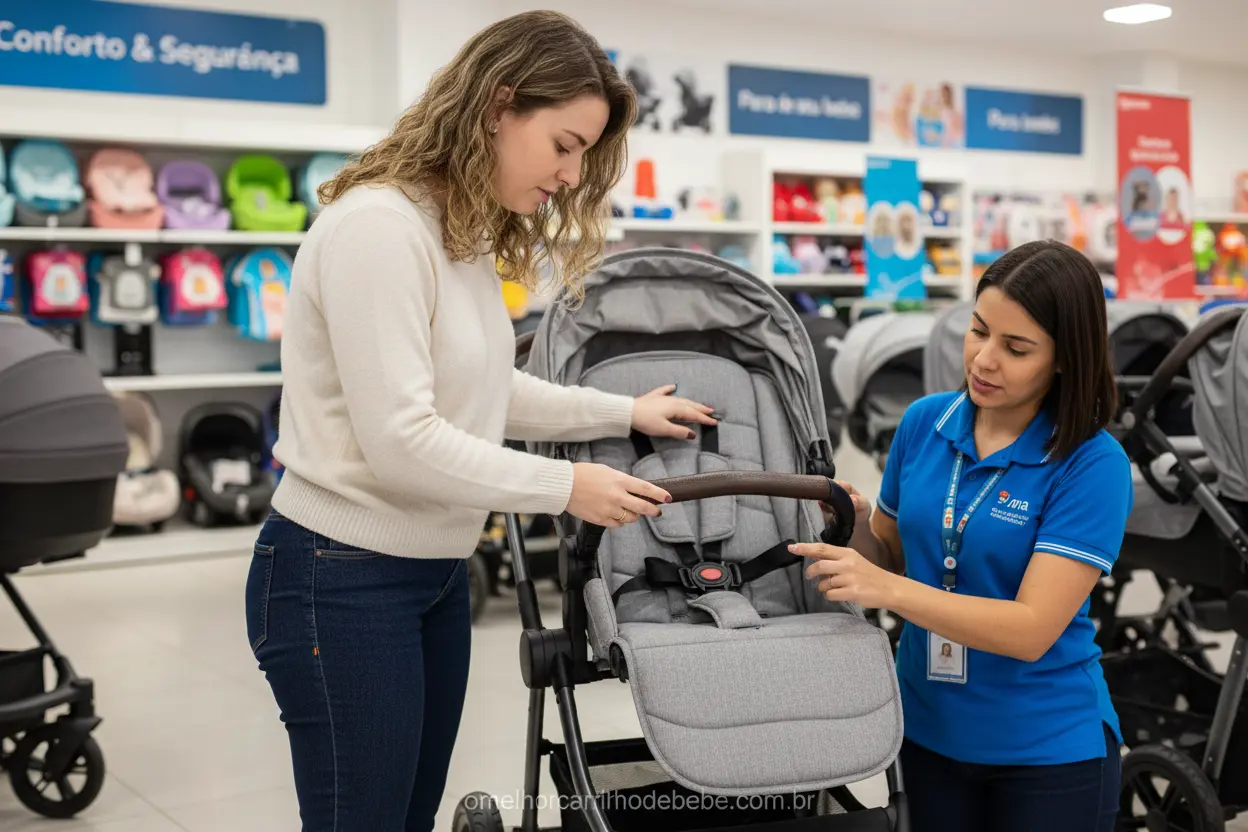 Mãe Analisando Recursos de Carrinho de Bebê Mãe verificando segurança e reclínio do carrinho