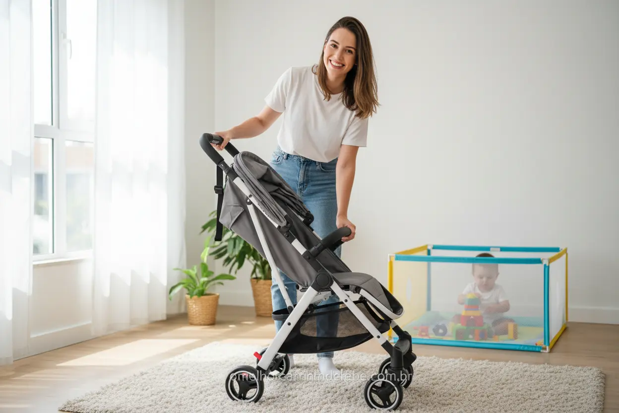 Mãe dobrando carrinho de bebê compacto com facilidade
