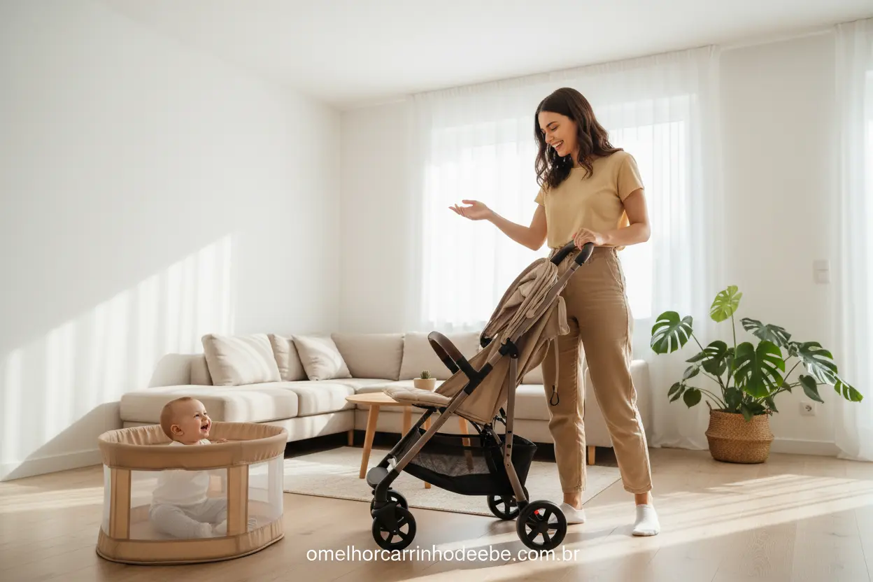Mãe dobrando carrinho de bebê compacto