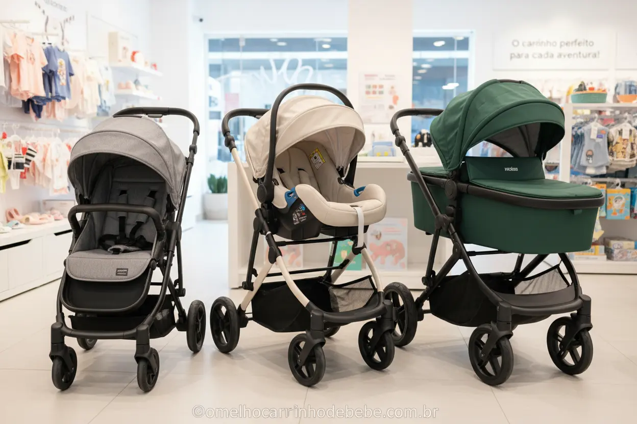 Qual carrinho é mais prático para o dia a dia? Três modelos diferentes em exposição.