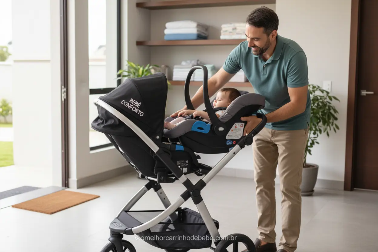 Pai acoplando bebê conforto em um dos tipos de carrinho de bebê travel system.