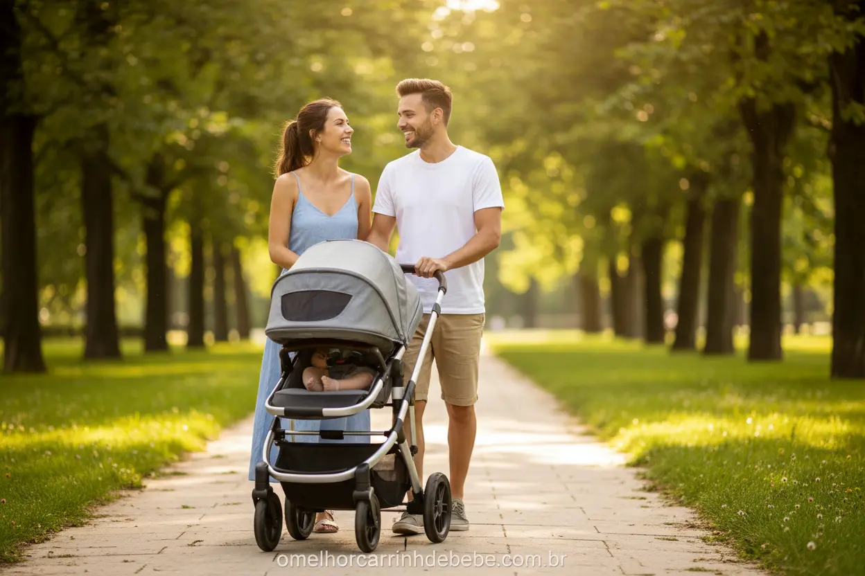 Casal sorridente empurrando um carrinho de bebê em um parque.