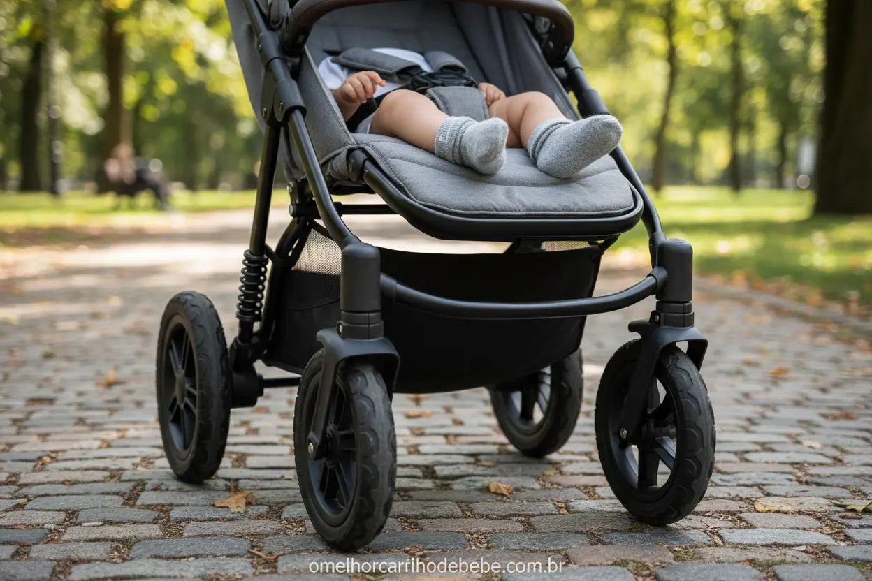 Pés de bebê em carrinho seguro com boa suspensão