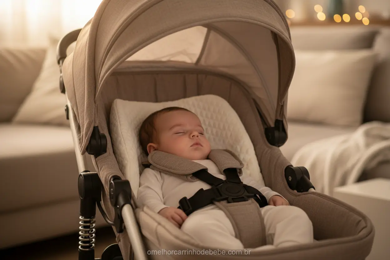 Segurança e Conforto no Carrinho de Bebê Bebê dormindo com segurança e conforto em carrinho.
