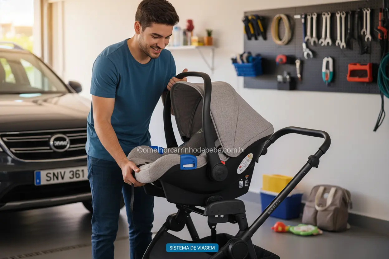 Pai conectando bebê conforto a um carrinho travel system.