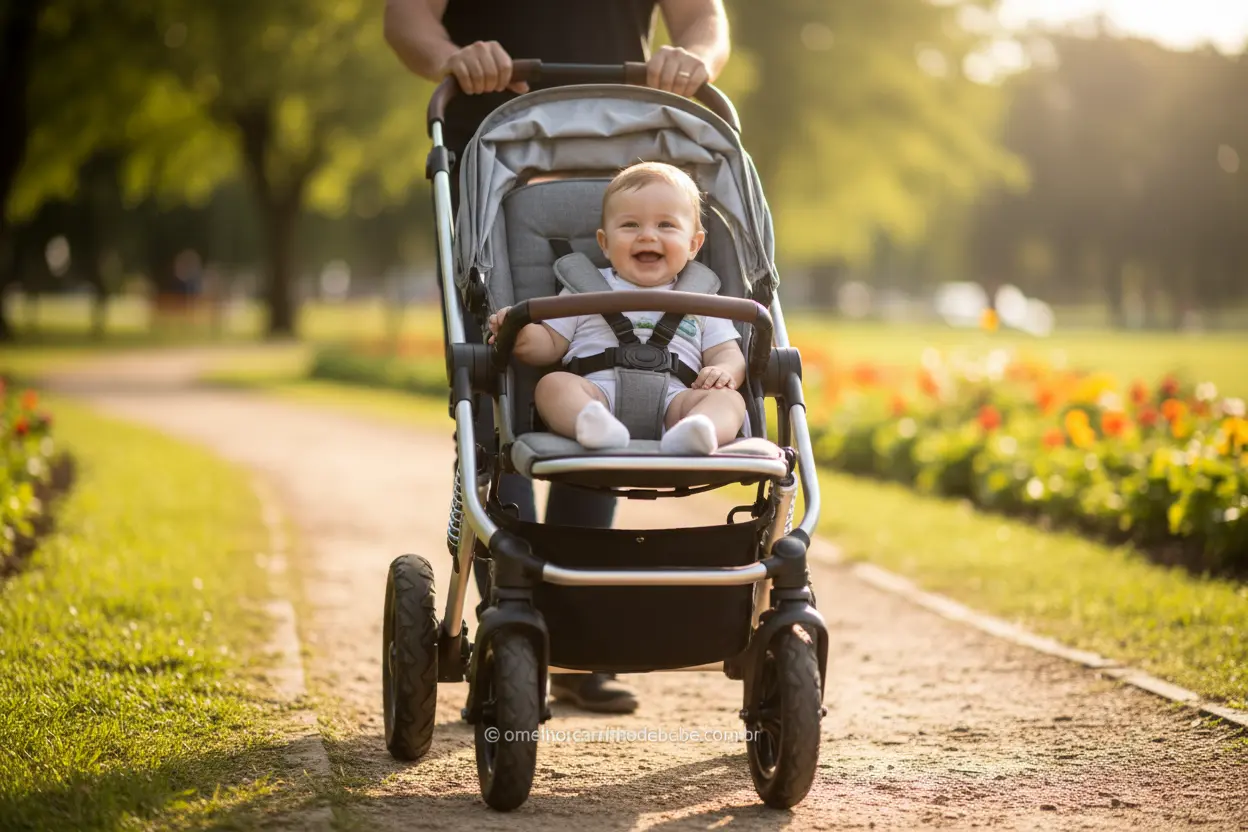 Bebê sorrindo em carrinho com suspensão e rodas grandes