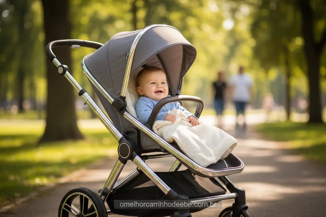 Carrinho de bebê moderno com criança feliz