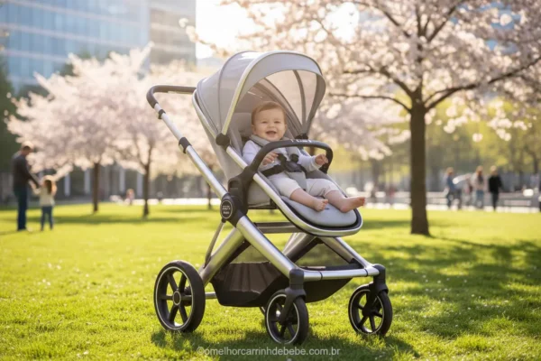 Carrinho de bebê moderno e seguro 2026 em um parque ensolarado.