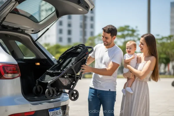 Família colocando carrinho de bebê compacto no porta-malas do carro.