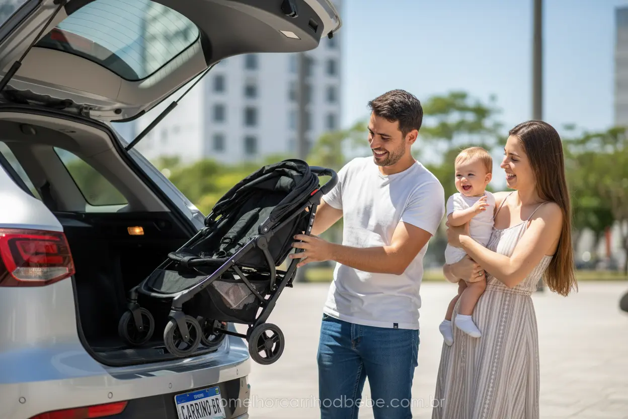Família colocando carrinho de bebê compacto no porta-malas do carro.