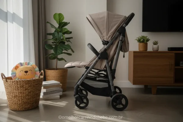 Carrinho de bebê compacto dobrado em apartamento pequeno