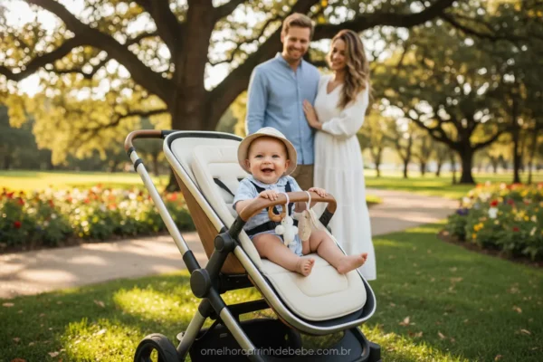 Bebê sorridente em carrinho de bebê com melhor avaliação dos pais