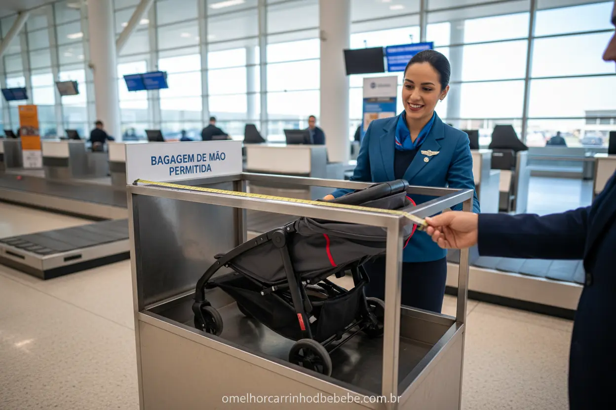 Carrinho de bebê compacto sendo medido para aprovação em avião