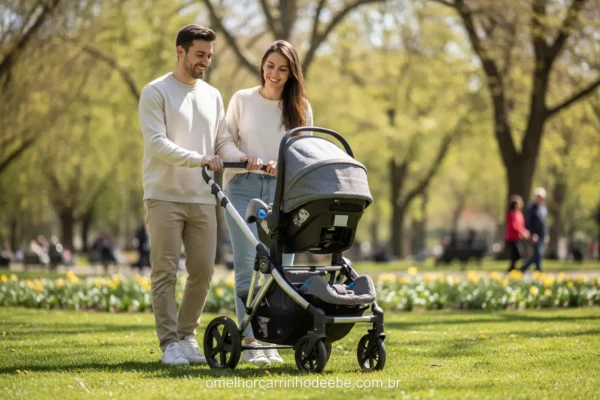 Casal feliz passeando com carrinho de bebê completo com bebê conforto e base