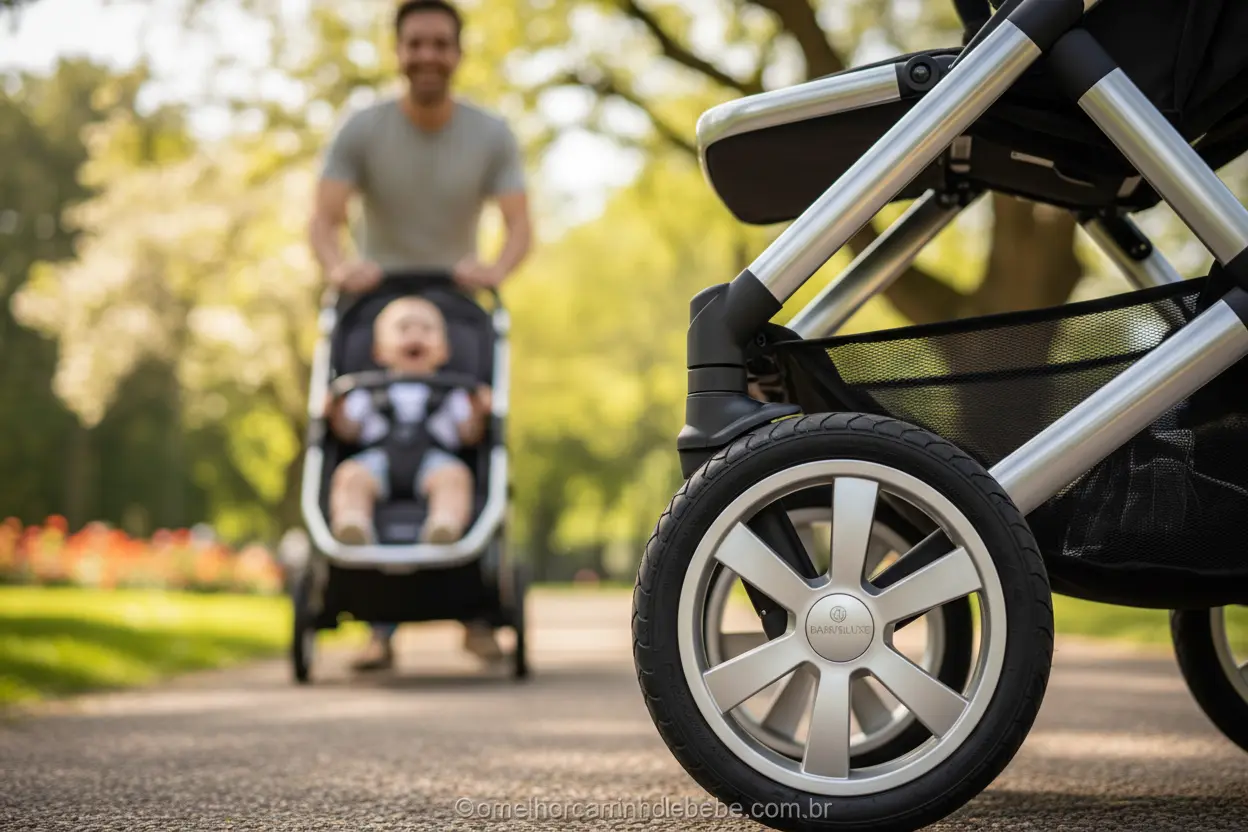 Roda de carrinho de bebê premium em destaque, simbolizando qualidade.