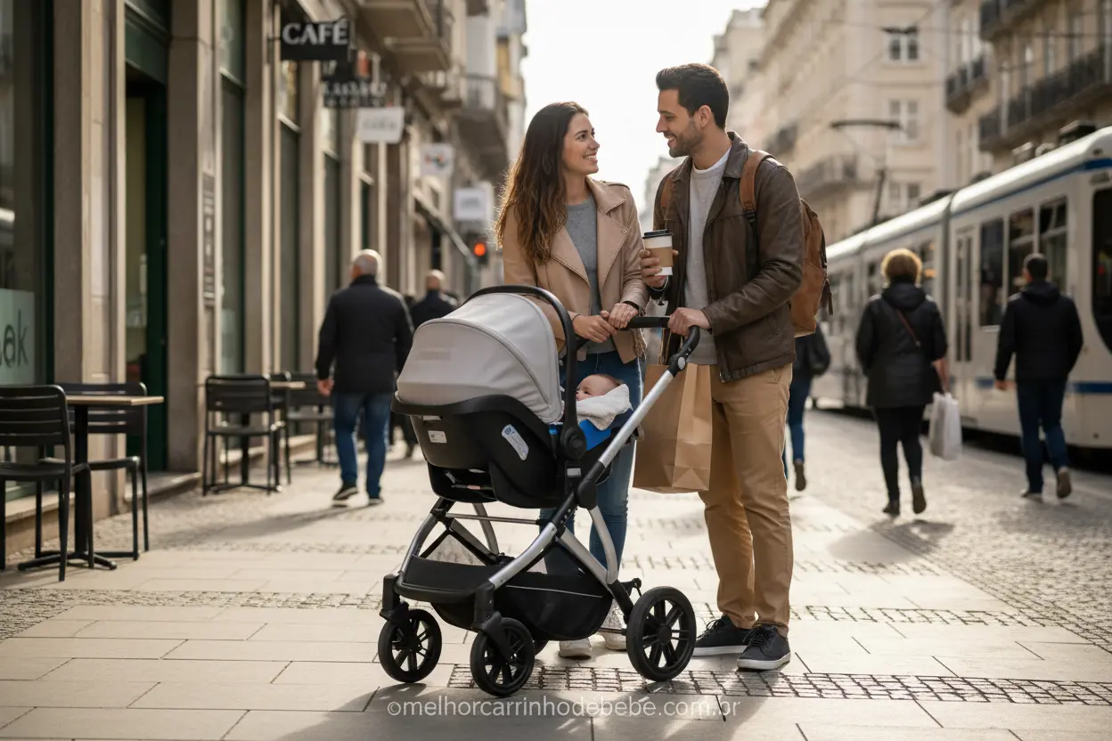 Família usando carrinho travel system na cidade, demonstrando a facilidade de transporte do bebê.