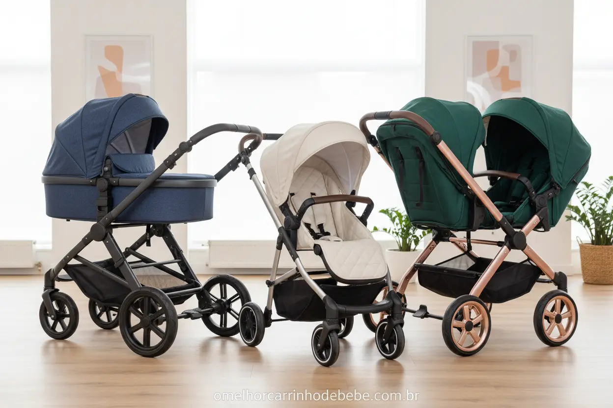 Três carrinhos de bebê modernos em exposição, comparando suas características e design.