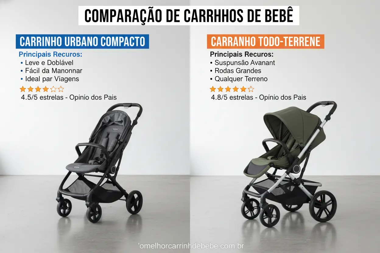 Comparativo de Carrinhos Comparação visual de carrinhos de bebê com diferentes funcionalidades