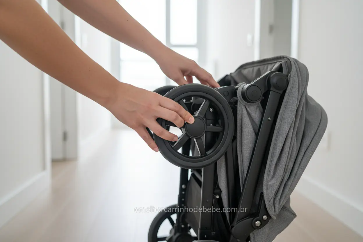 Dobrando o Carrinho com Facilidade Mãos dobrando carrinho de bebê leve e compacto