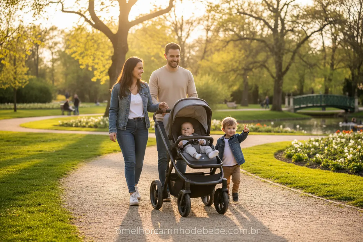 Família em parque com carrinho de bebê premium vale o investimento.