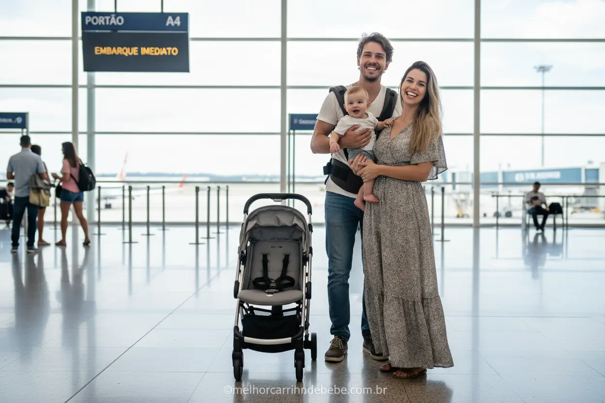 Família no aeroporto com carrinho de bebê compacto para avião