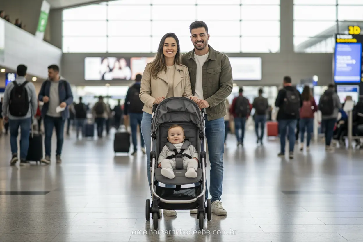 Casal com bebê em carrinho de bebê leve e compacto para viagem no aeroporto.