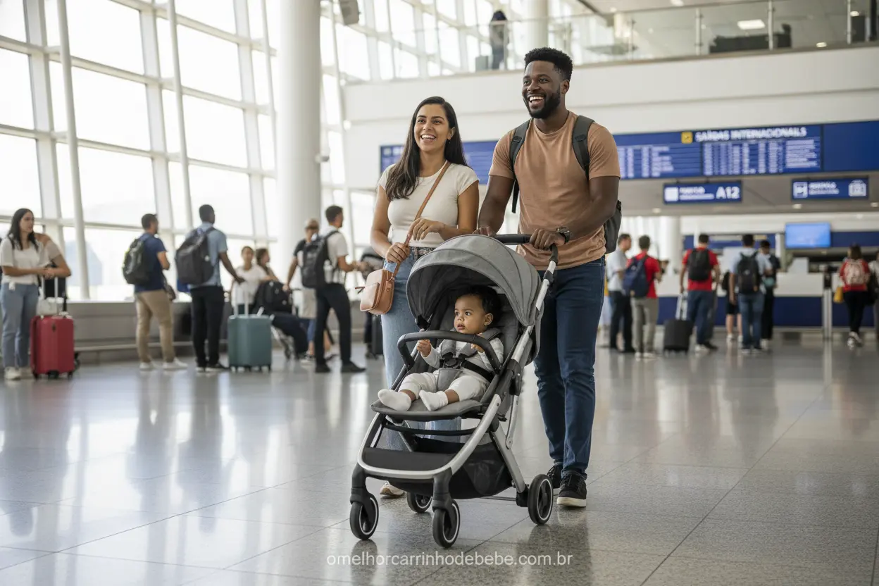 Família viajando com carrinho de bebê ultraleve Família com bebê usando um carrinho de viagem compacto no aeroporto.
