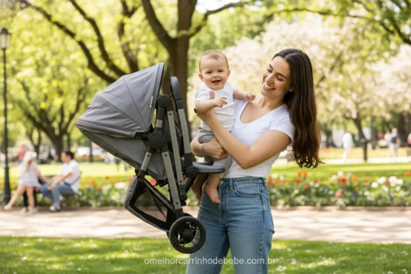 Mãe fechando um carrinho de bebê fácil de fechar com uma mão no parque.