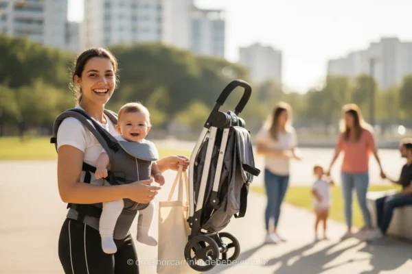 Mãe dobrando um carrinho de bebê fácil de transportar em um parque.