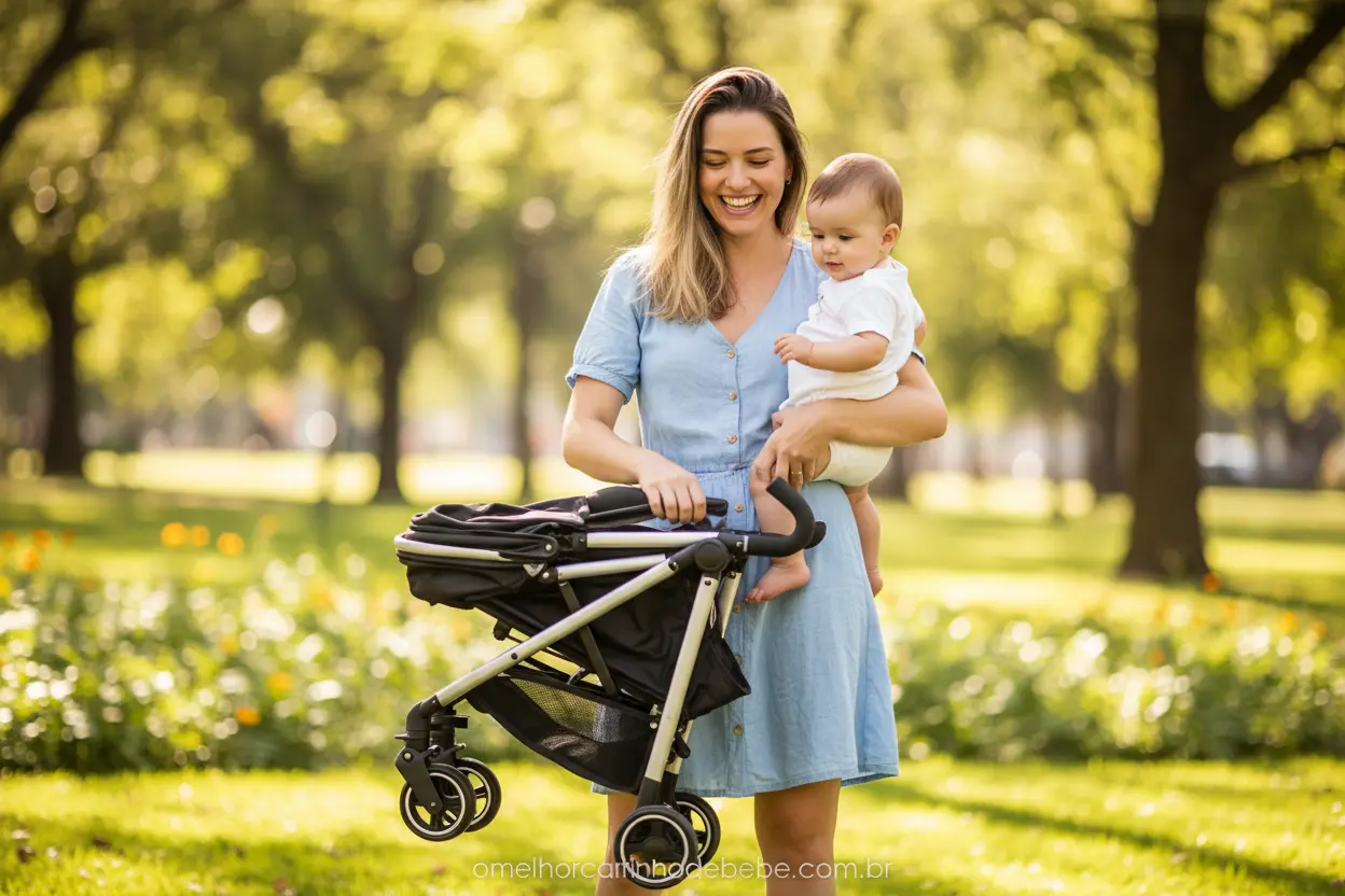 Mãe fechando carrinho de bebê com uma mão