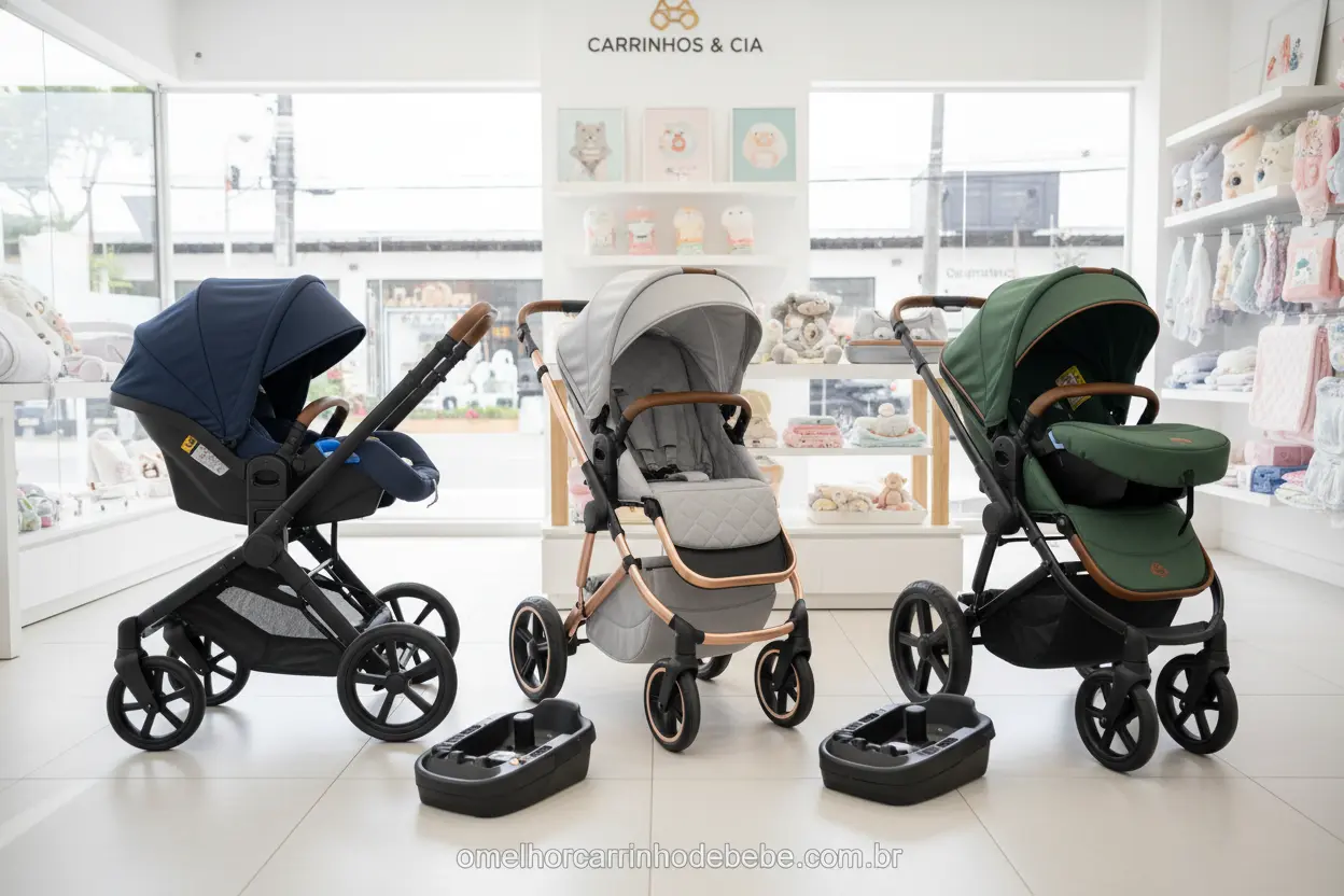 Diversos modelos de carrinhos de bebê completos expostos em loja