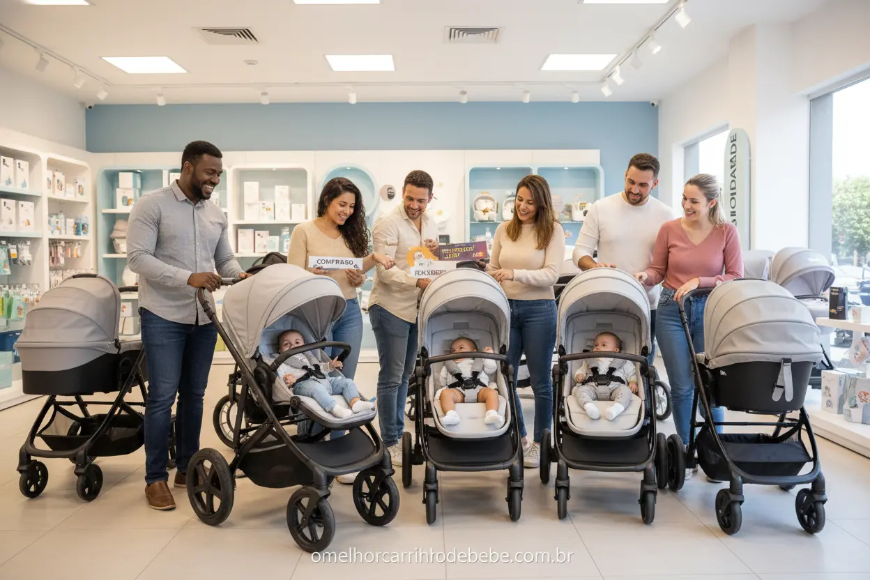 Modelos de Carrinhos Avaliados Pais com bebês em carrinhos de bebê modernos e seguros