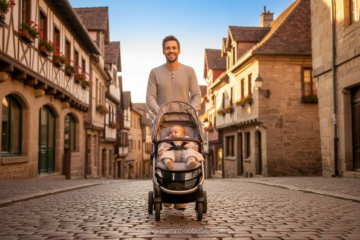 Pai passeando com carrinho de bebê leve em rua de paralelepípedos durante uma viagem.
