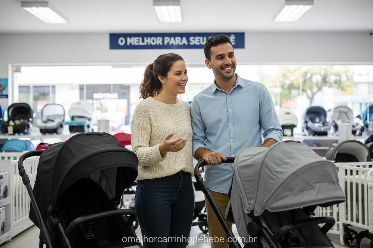 Pais escolhendo o carrinho de bebê ideal para sua rotina.