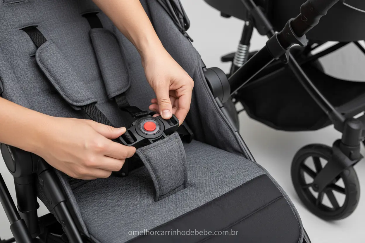 Segurança no Carrinho de Bebê Mão verificando cinto de segurança de carrinho de bebê