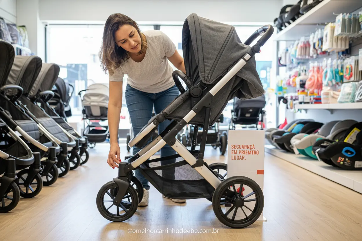 Carrinho de bebê para recém nascido reclinável completo, com foco na segurança e freios.